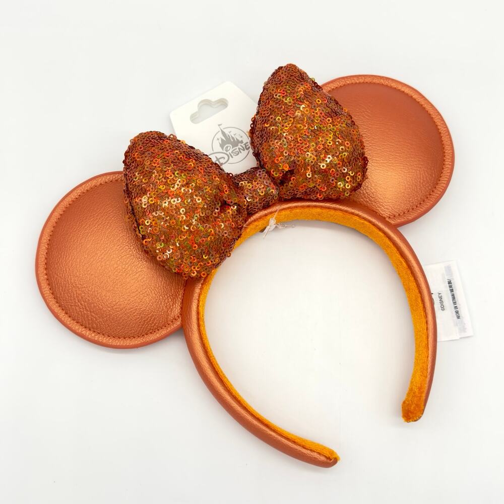Disney Sequined Peach Punch Minnie Ears Headband w/ Sequin Bow NEW